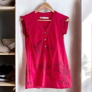 Tiza Amano Sz 2 Sleeveless Ruffled Whale Embroidered Top 100% Cotton Boho Y2K